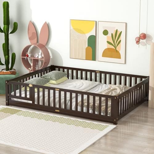 i-POOK Queen Size Montessori Bed Frame with Guardrails and Door in Espresso