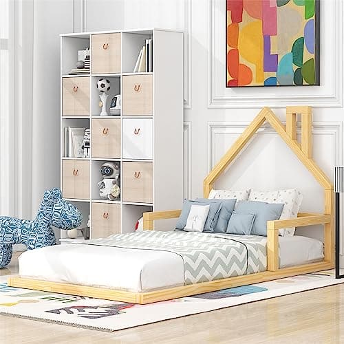i-POOK Montessori House-Shaped Bed for Kids Teens, Natural Wood