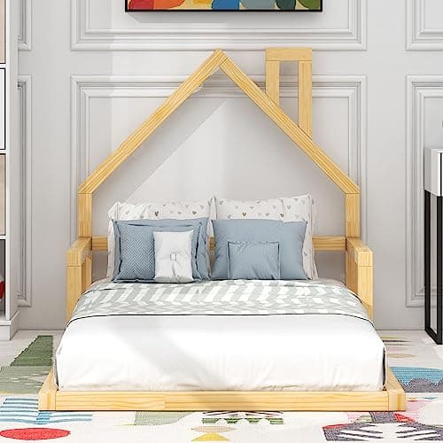 LUSPAZ Beige Queen Size Floor Bed with Shell Headboard and Vertical Seams