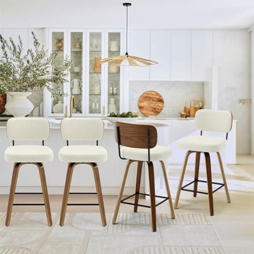 Mid Century Modern 4-Piece Swivel Bar Stool Set, 26" Faux Leather Cream White