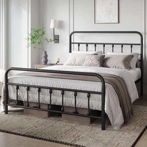 Yaheetech Classic Queen Bed Frame with Victorian Iron-Art Headboard/Footboard/Under Storage Black