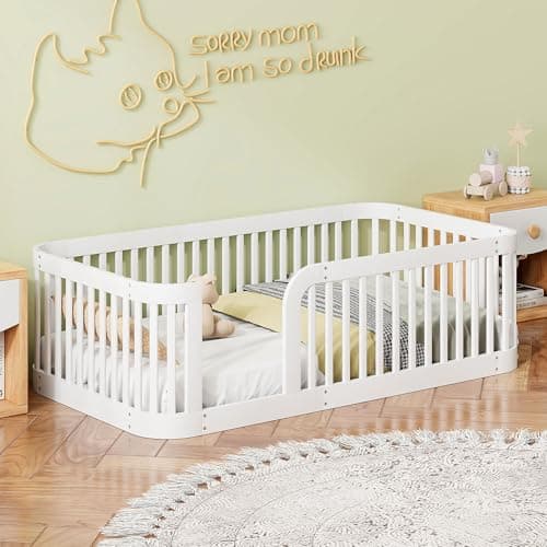 Wooden Montessori Twin Floor Bed with Slats and Support Bar