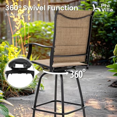 PHI VILLA Patio Swivel Bar Stool Set of 4, Brown Textilene Armrest