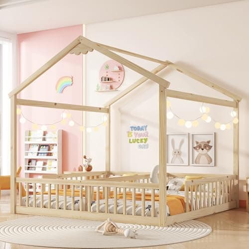 Twin Bed Frames for Kids, Montessori Wood Fence Railings, Natural Tone
