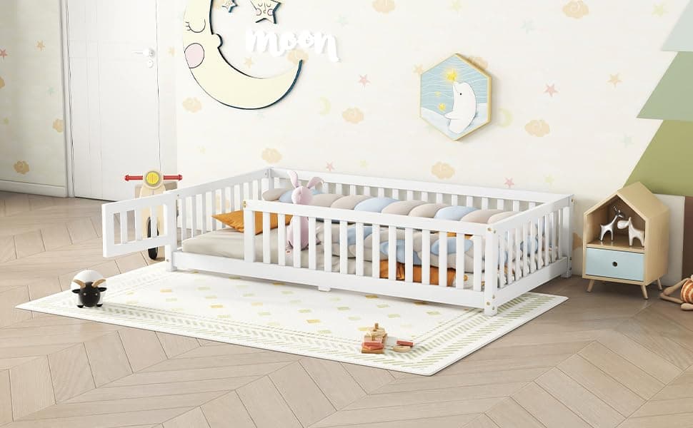 Montessori Wooden Floor Bed Frame with Fence & Headboard, White