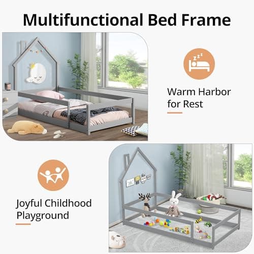 Modern Twin Size House Floor Bed - Solid Wood Montessori Bed for Children, Boys, Girls (Grey)