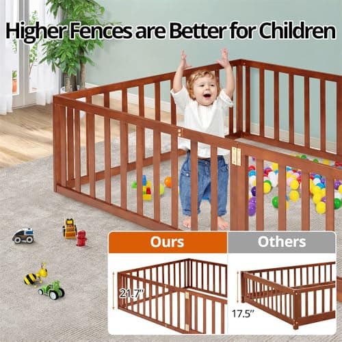 Montessori Floor Bed for Kids, Queen Size with Fence & Door - Walnut
