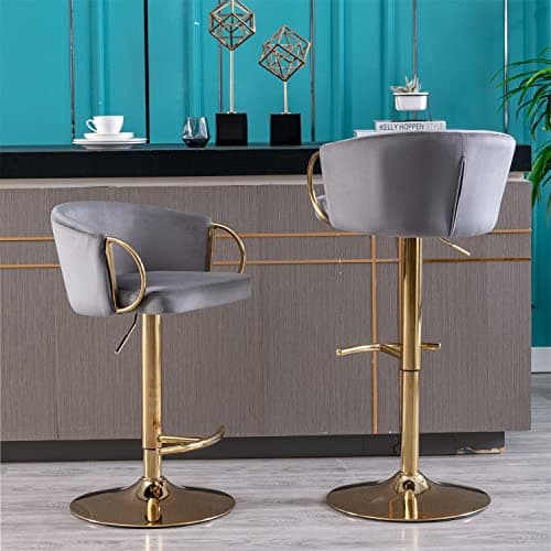 Modern Velvet Swivel Bar Stools Set of 2 with Curved Back and Chrome Footrest, Grey