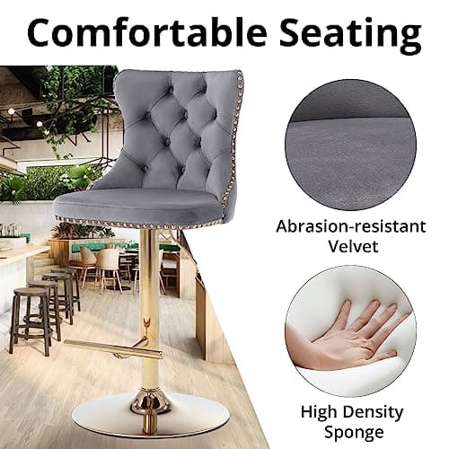 Set of 4 Velvet Swivel Bar Stools for Home Bar or Kitchen Island, Gray