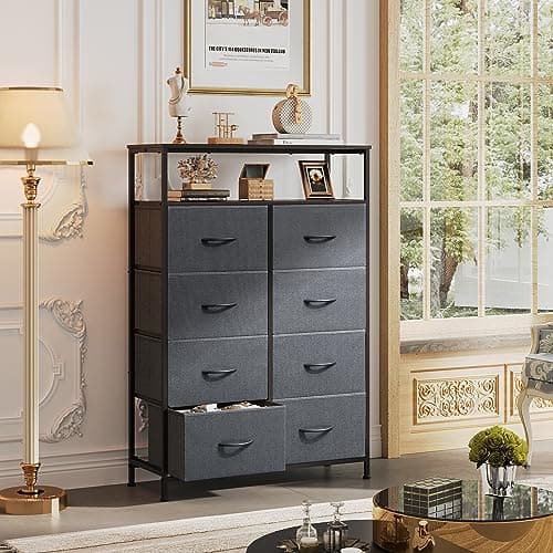 Fabric Dresser with 8 Drawers and Open Shelves for Bedroom or Living Room