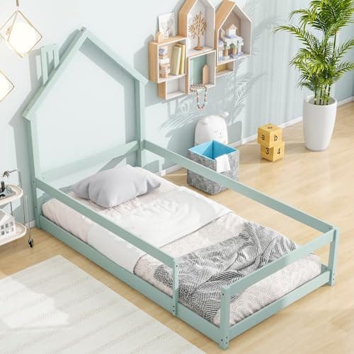 Montessori Twin Floor Bed for Kids with Roof & Guardrails, Pink