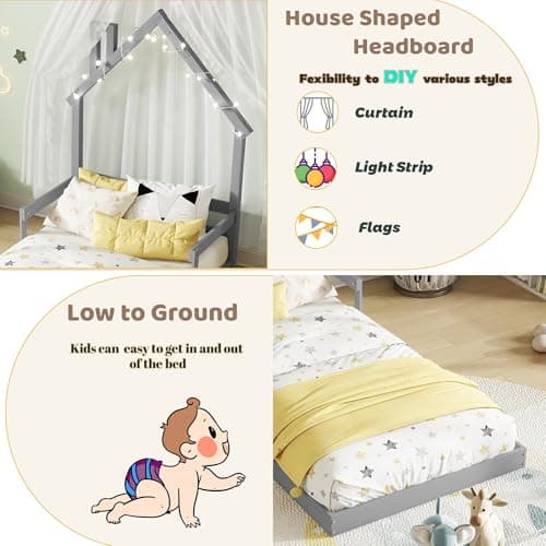 Grey House-Shaped Twin Bed Frame for Kids,No Box Spring Needed