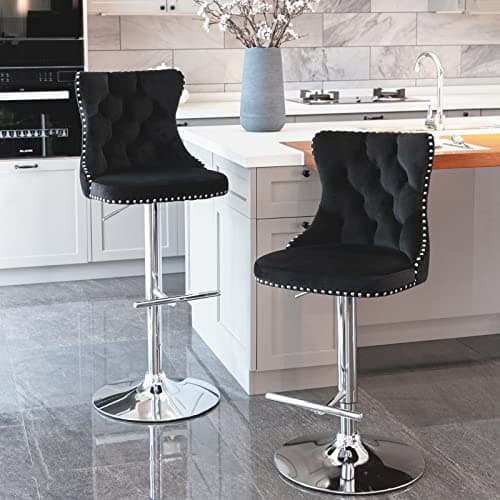 Modern Black Velvet Bar Stool Set with High Back & Nailheads Trim for Home Bar & Kitchen Island