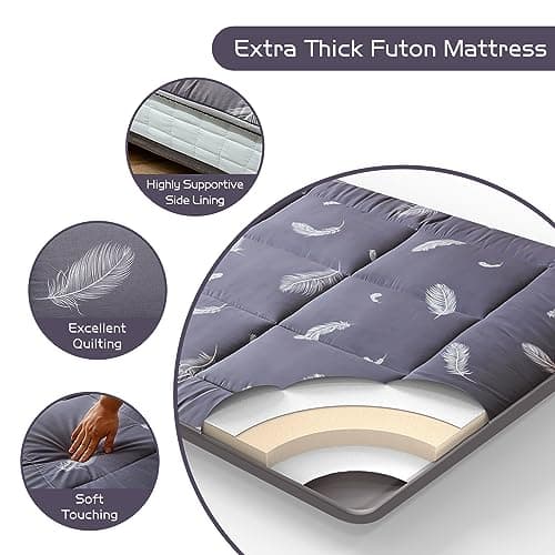 YOSHOOT Queen Size Foldable Japanese Futon Mattress, Grey Feather