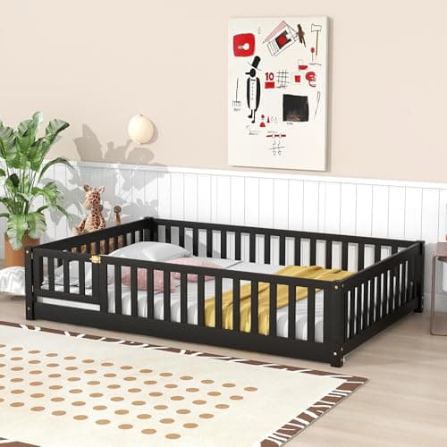 Sturdy Montessori Twin Floor Bed with Guardrail for Kids, No Box Spring Needed,Natural