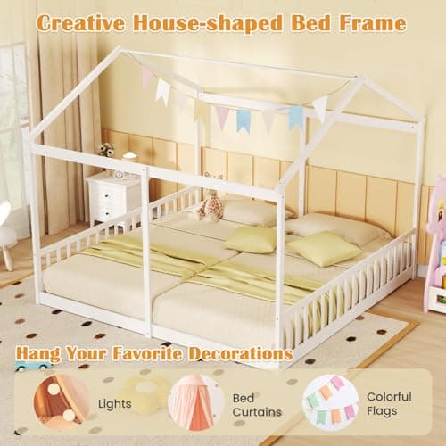 Giantex Double Twin Floor Beds, Wood Montessori with Fence & Roof, White