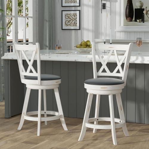 Antique White Swivel Bar Stools with High Back & Wood Footrest (Set of 2)