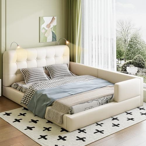Beige Velvet Upholstered Queen Bed with Desk & Stool, No Box Spring Required