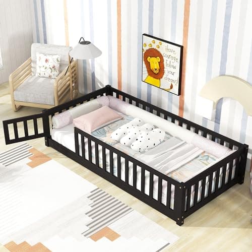 Bellemave Twin Size Montessori Floor Bed with Safety Guardrails for Kids (Natural)