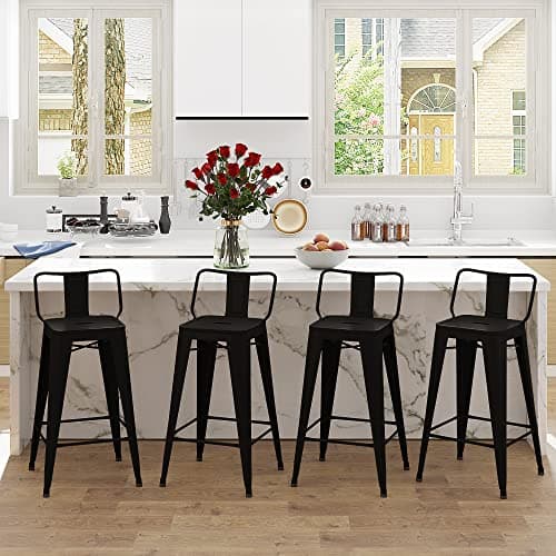 Industrial Matte Black Bar Stool Set of 4 Counter Height Kitchen Island Chairs