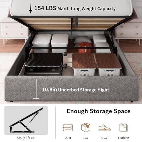 iPormis Queen Storage Bed with Charging Station, Light Grey