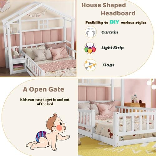 Montessori Wood Twin House Bed with Fence Guardrails & Stand, White