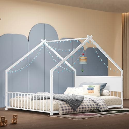 KEIKI Full Size Floor Bed with Colorful Lights (White)