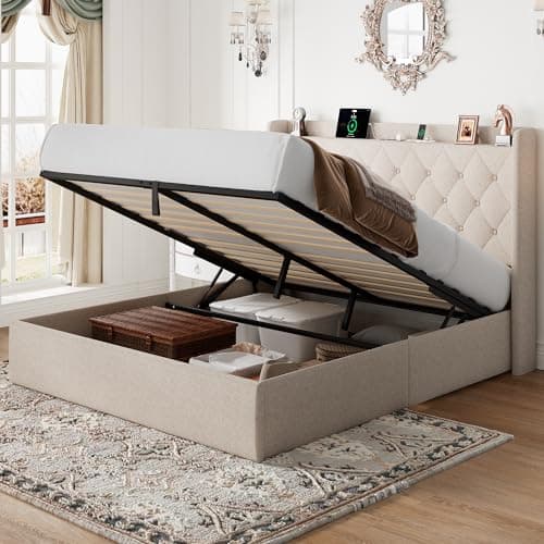 Feonase Queen Size Button Tufted Storage Bed with Charging Station, Light Gray