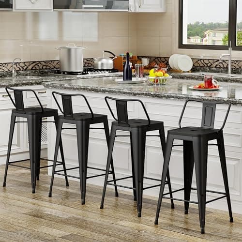 Industrial Matte Black Bar Stool Set of 4 Counter Height Kitchen Island Chairs