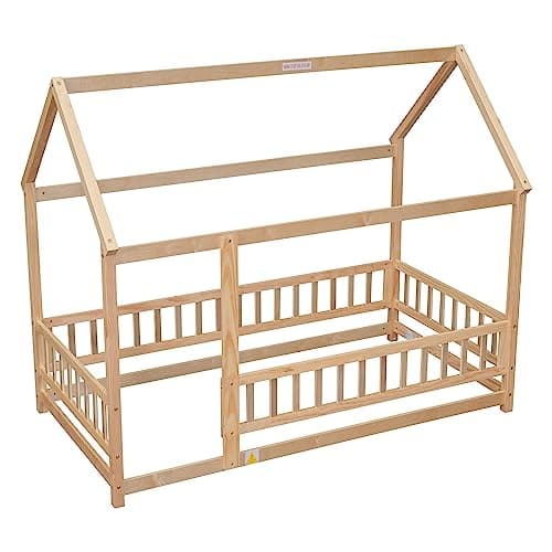 Montessori Twin Size Floor Bed with Roof & Fence Guardrails for Boys Girls Bedroom