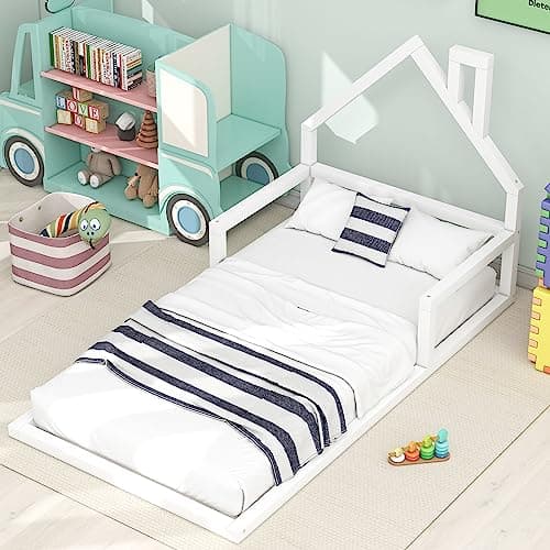 MERITLINE Twin Montessori Floor Bed with House-Shaped Headboard (Natural)