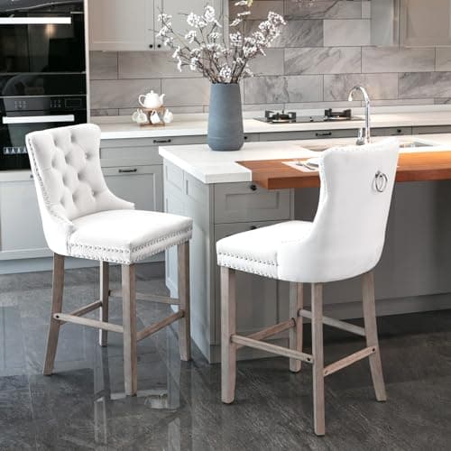Set of 2 i-POOK Velvet Bar Stools with Button Tufting and Solid Wood Legs, White