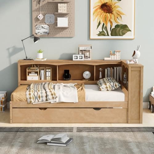 i-POOK Modern Twin Daybed with 5 Storage Cabinets & USB Ports, Wood Sofa Bed for Bedroom & Apartment