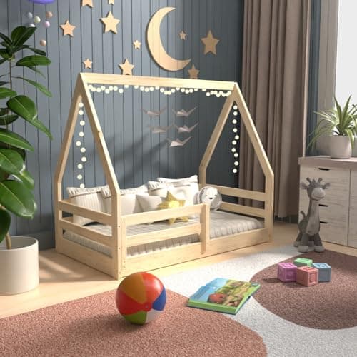Toddler Size Montessori House Bed, Solid Pine Wood, White