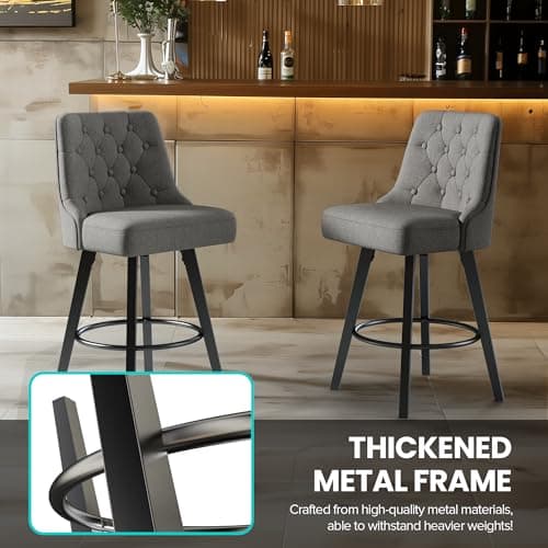 Retro Upholstered Swivel Bar Stools, 360 Rotation, Gray Linen, Solid Wood Legs, Kitchen Island, 26" H Seat
