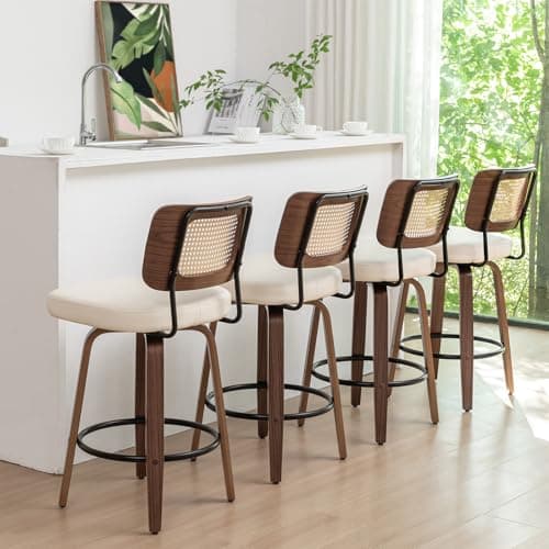 Mid Century Walnut Swivel Bar Stools with Cane Back (walnut beige)