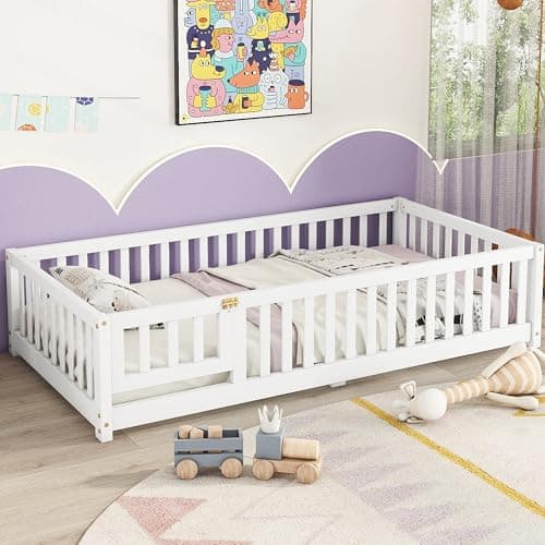 Wooden Montessori Twin Floor Bed with Slats and Support Bar