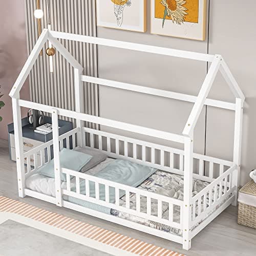 LLS Wooden Twin Bed with Roof & Fence, Gray for Boys & Girls