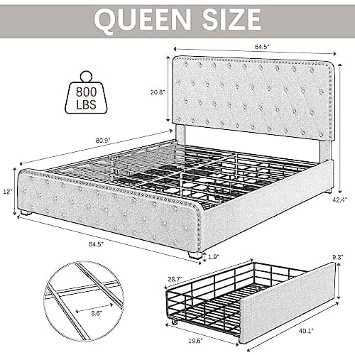 Dark Gray Queen Bed Frame with Storage Drawers and Adjustable Headboard