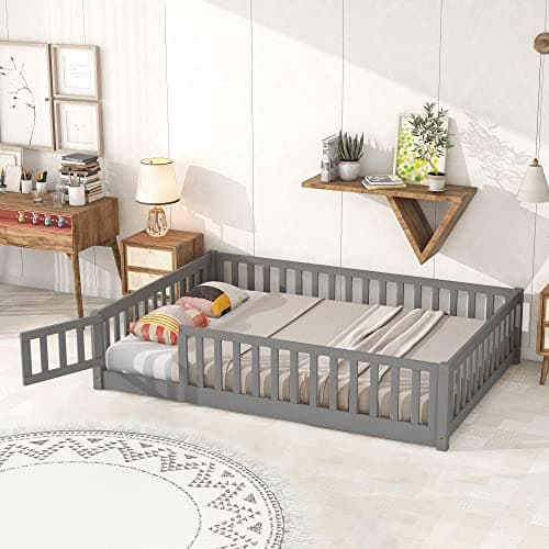 Montessori Twin Floor Bed for Children, Sturdy Wood Frame with Fence & Door, Gray