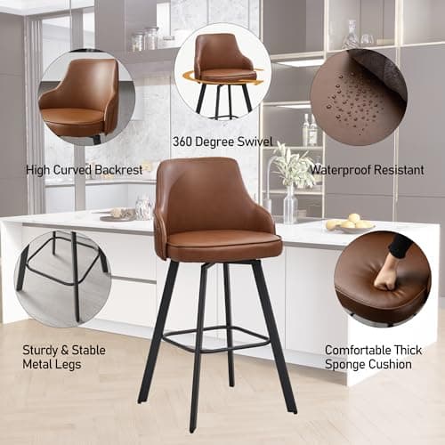4PCS Swivel Bar Height Bar Stools with High Back, Faux Leather Kitchen Barstools