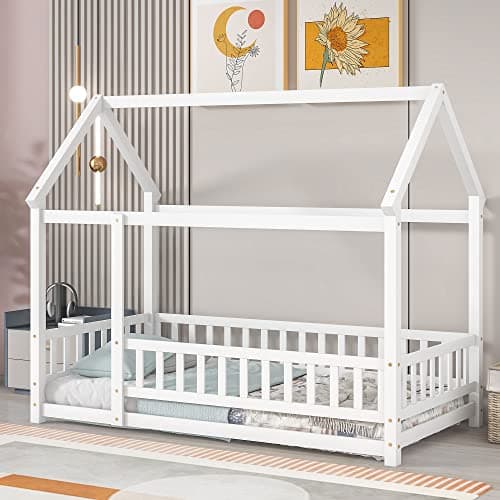 LLS Wooden Twin Bed with Roof & Fence, Gray for Boys & Girls