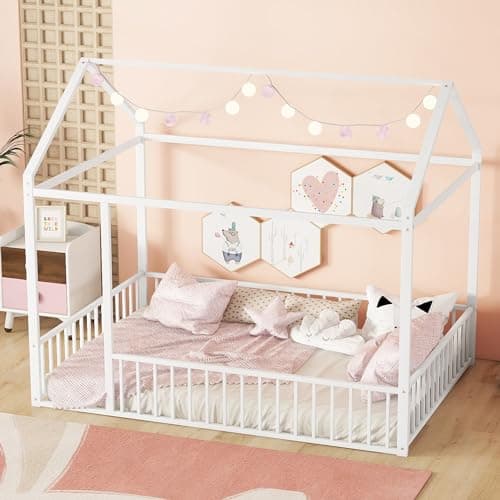 Bellemave Full Size Montessori Metal House Bed with Fence, White