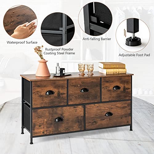 Rustic 5-Drawer Dresser with Fabric Bins and Steel Frame for Bedroom or Living Room - Brown