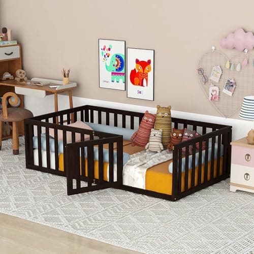 White Full-Size Montessori Floor Bed with Fence and Door