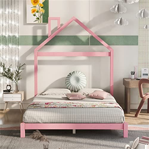 i-POOK Montessori Full Size Wooden Platform Bed with Pink House-Shaped Headboard