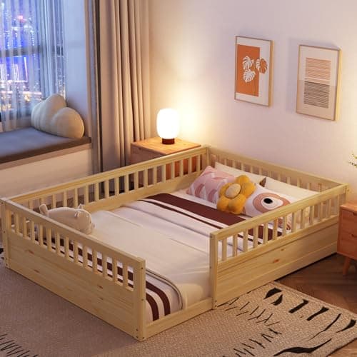 Montessori Ball & Cast Full Floor Bed Frame with Fence, White, No Box Spring Needed