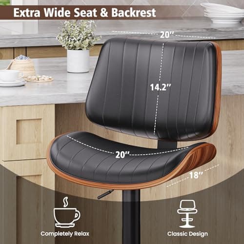 Bentwood Back Bar Stools, Black Leather Seat, Kitchen Island Set of 2