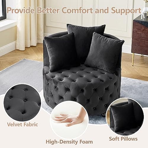 Modern Velvet Swivel Barrel Chair with 3 Pillows, 4 Wheels and 360 Degree Swivel