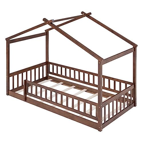i-POOK Walnut Twin Size Montessori Wood Floor Bed with Fence and Roof